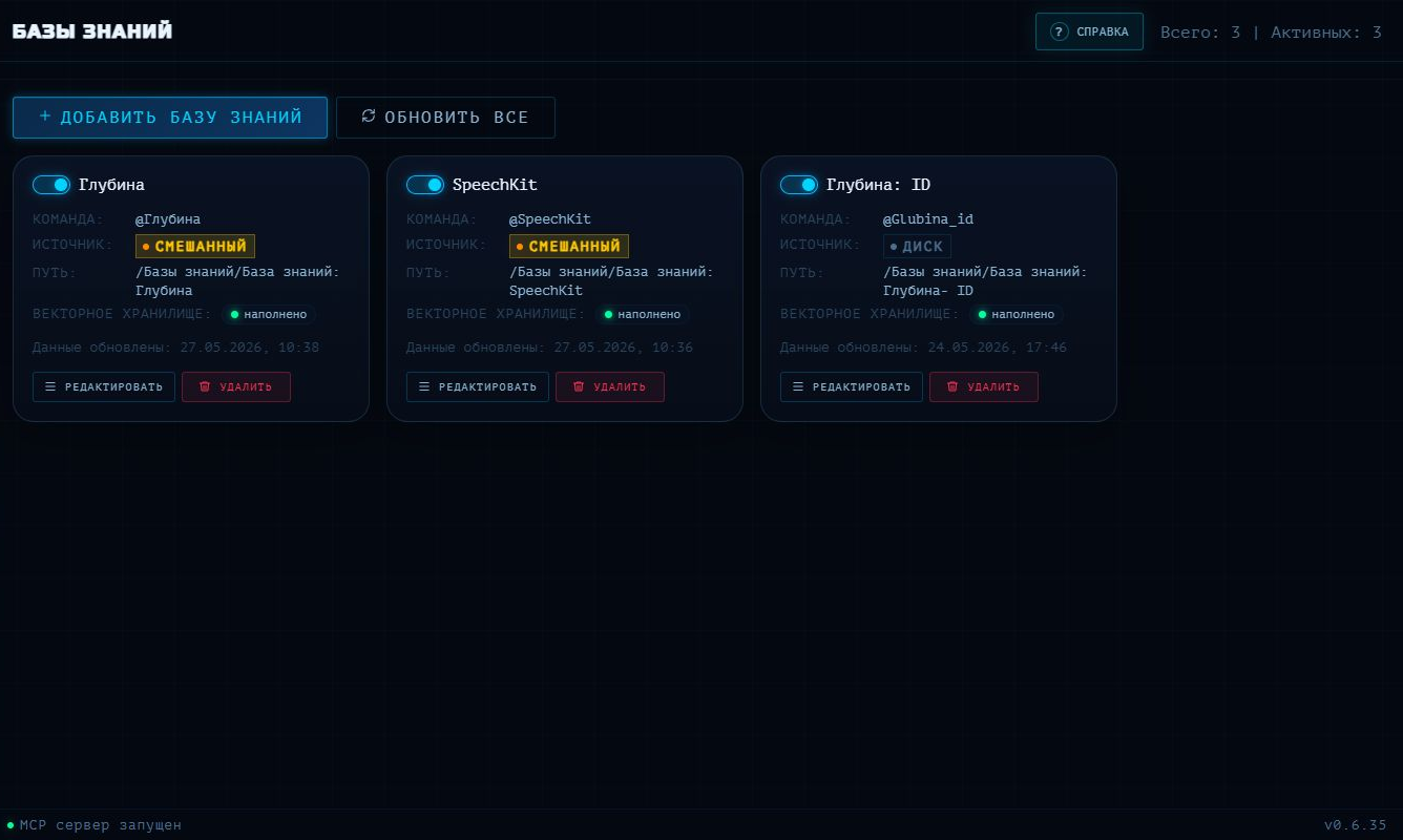 Интерфейс MCP-HUB: список баз знаний и статусы индексации